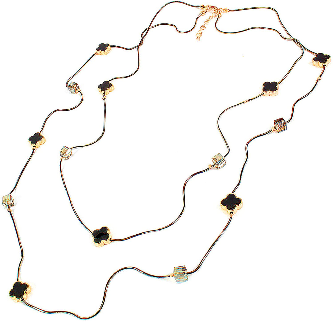Pera Jewelry Flower Long Station Chain Layer Black Enamel Clover Necklace, Four Leaf Clover Necklace for Women, Four Leaf Layered Station Necklaces