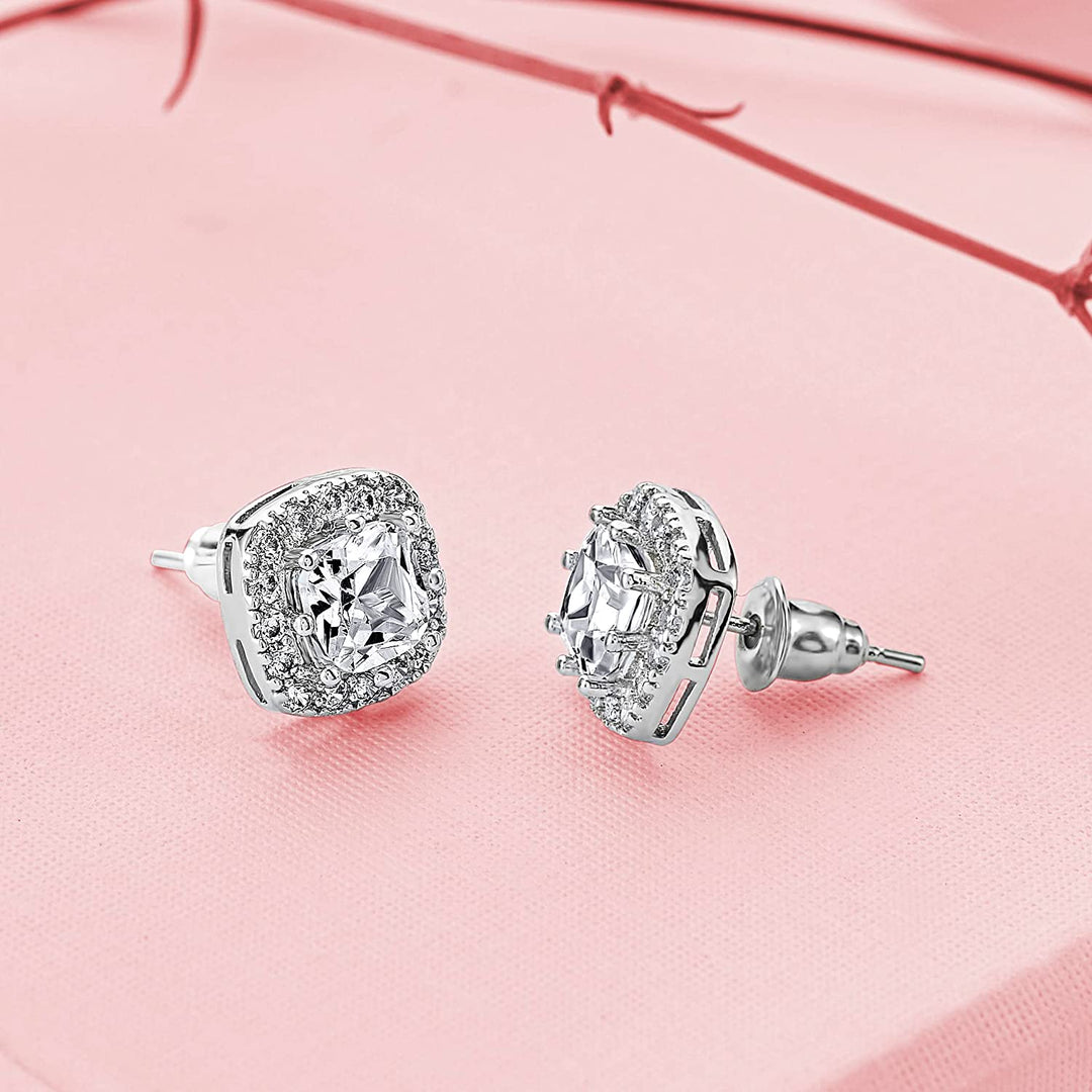 Pera Jewelry Sterling Silver Plated Cubic Zirconia Cushion Cutting Stud Earrings, Simulated Diamond Cz Stud Earrings for Women with Gift Box | Minimalist, Tiny Dainty Earrings