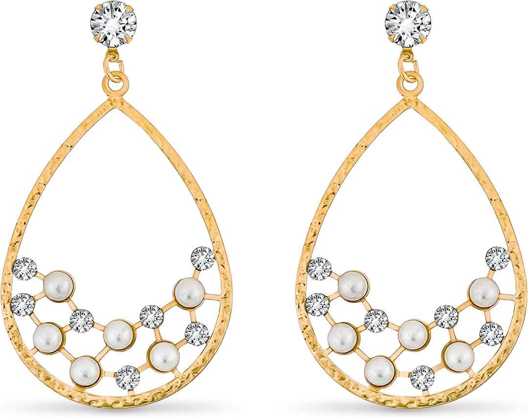 Pera Jewelry 14K Gold Plated Cubic Zirconia and Pearl Drop Earrings, Geometric Simulated Diamond and Pearl Dangle Earrings for Women with Gift Box | Minimalist, Tiny Dainty Dangle Earrings
