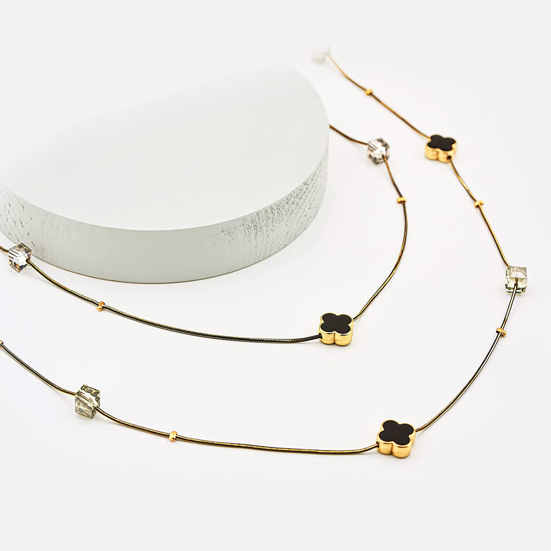 Pera Jewelry Flower Long Station Chain Layer Black Enamel Clover Necklace, Four Leaf Clover Necklace for Women, Four Leaf Layered Station Necklaces