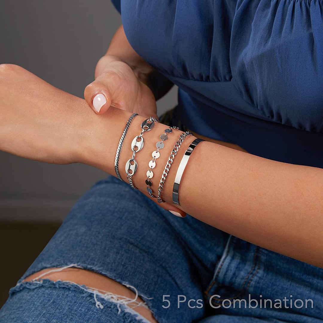 Pera Jewelry 14K Gold and Silver Plated Layered Bracelet Sets, 5 Pieces, Adjustable Layered Link Bracelets Sets, Dainty Link Paperclip Choker Bracelet Cuban Curb Figaro Link Bracelet Sets with Gift Box