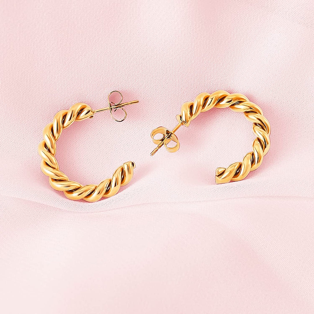 Pera Jewelry 14K Gold and Silver Plated Twisted Hollow Hoop Earrings, Twisted C Shaped Hoop Hypoallergenic Earrings for Women with Gift Box | Minimalist, Tiny Dainty Earrings