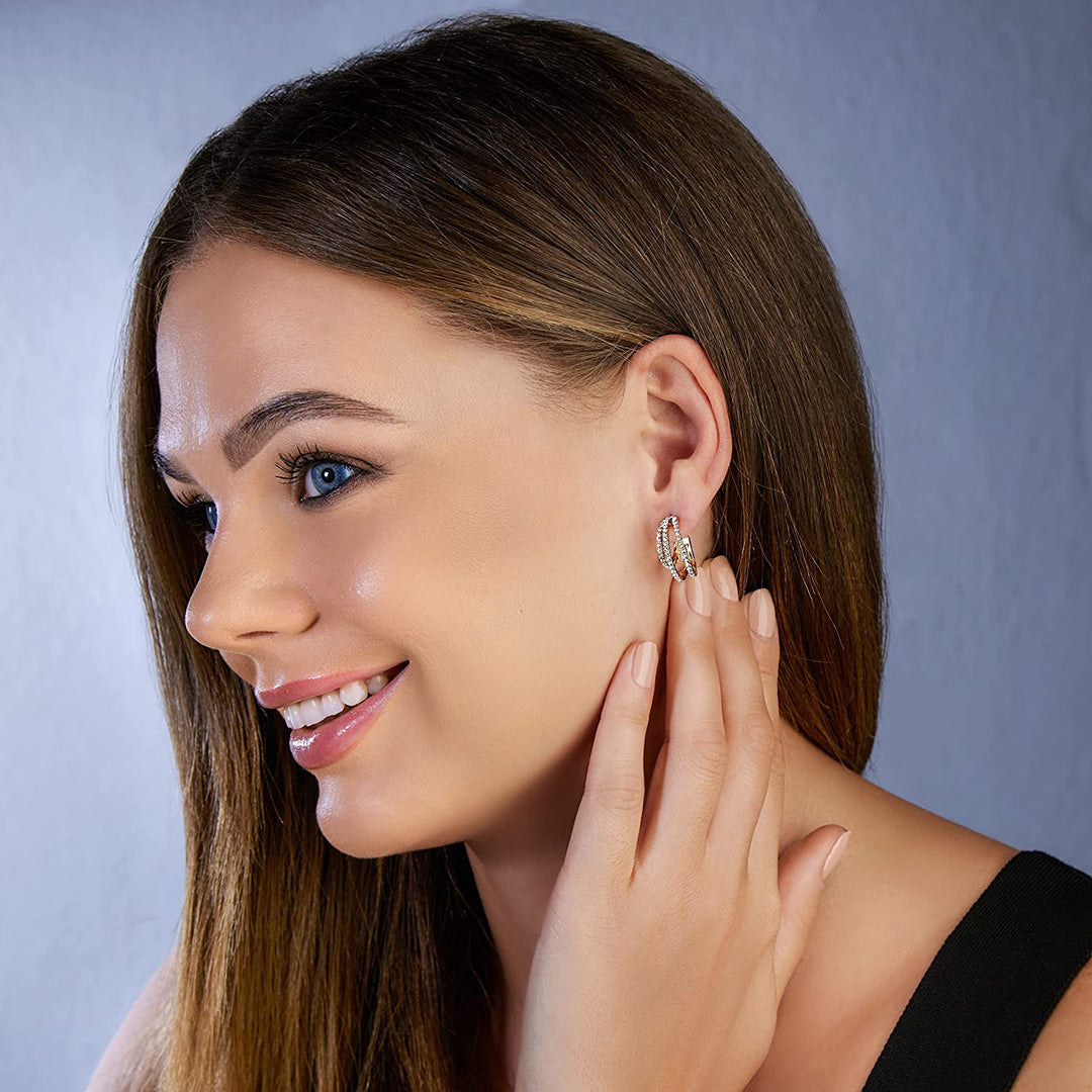 Pera Jewelry 14K Gold Plated Cubic Zirconia Earrings, Multilayer Hoop C Shaped Earrings, Simulated Diamond Half Hoop Earrings for Women with Gift Box | Minimalist, Tiny Dainty Earrings
