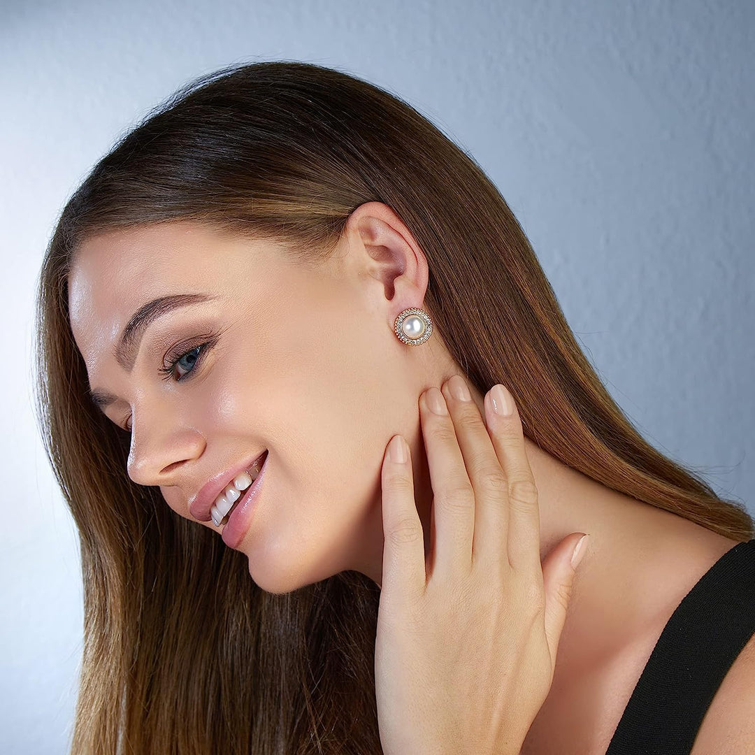 Pera Jewelry 14K Gold Plated Freshwater Cultured Pearl Earrings, Round Rhinestone Pearl Stud Earrings with Simulated Cubic Zirconia for Women with Gift Box | Minimalist, Tiny Dainty Pearl Earrings