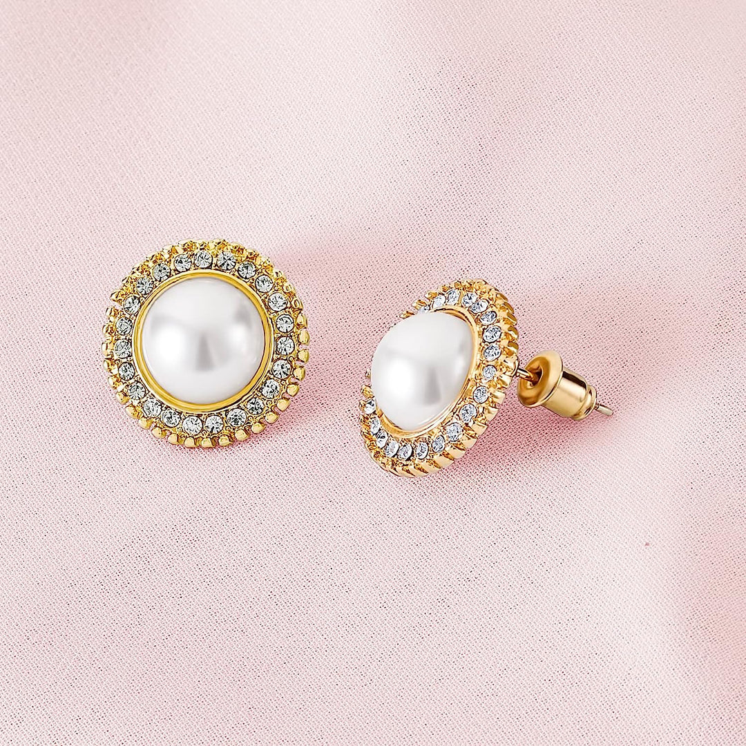 Pera Jewelry 14K Gold Plated Freshwater Cultured Pearl Earrings, Round Rhinestone Pearl Stud Earrings with Simulated Cubic Zirconia for Women with Gift Box | Minimalist, Tiny Dainty Pearl Earrings
