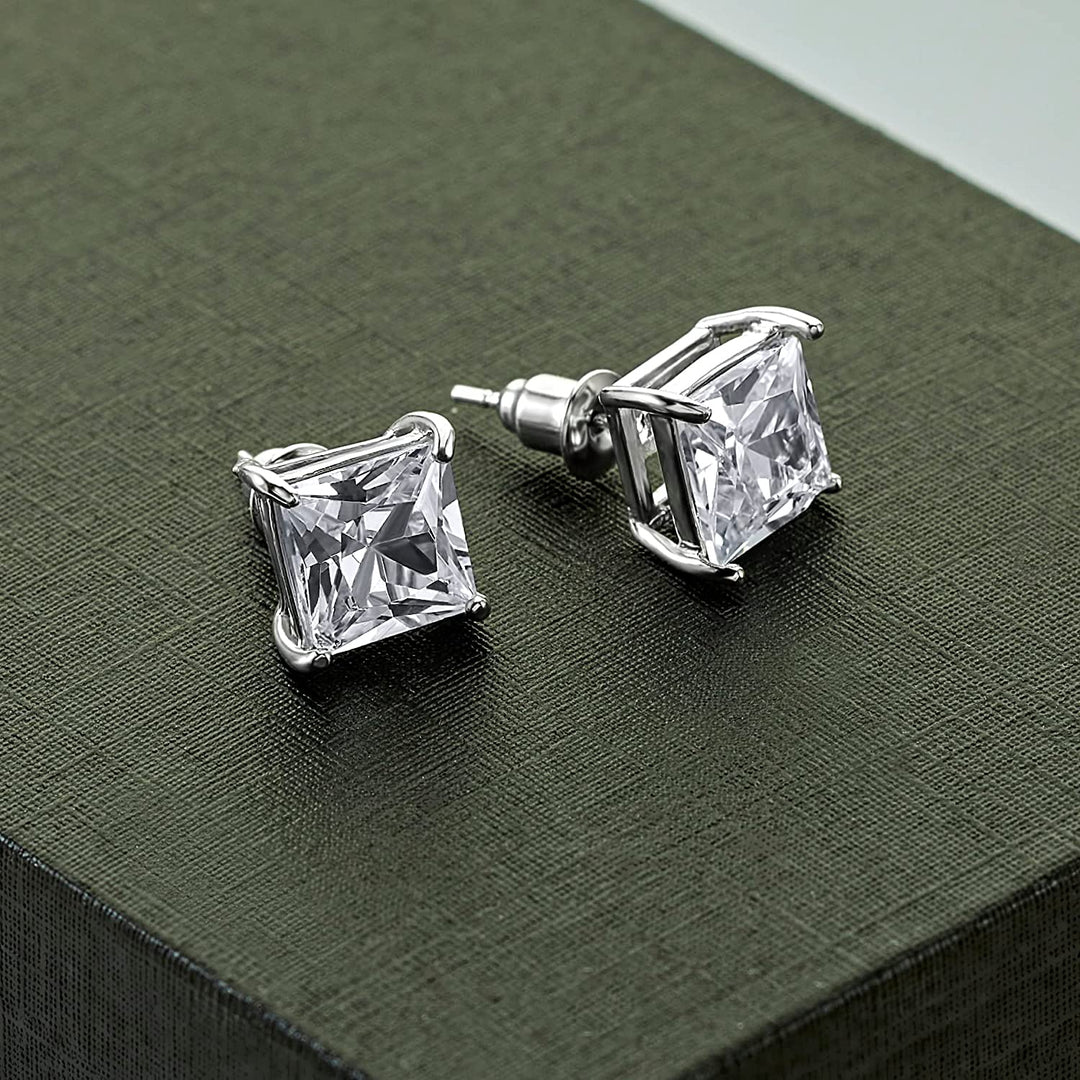 Pera Jewelry 925 Sterling Silver Plated Cubic Zirconia Stud Earrings, Princess Cubic Zirconia 4 Prong Stud Earrings, Square Cz Earrings for Women with Gift Box | Minimalist, Tiny Dainty Earrings