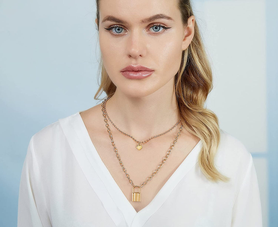 Pera Jewelry 14K Gold Plated Pendant Heart & Lock Necklace for Women with Gift Box | Adjustable Chain, Minimalist, Tiny Dainty Heart & Lock Choker Necklaces