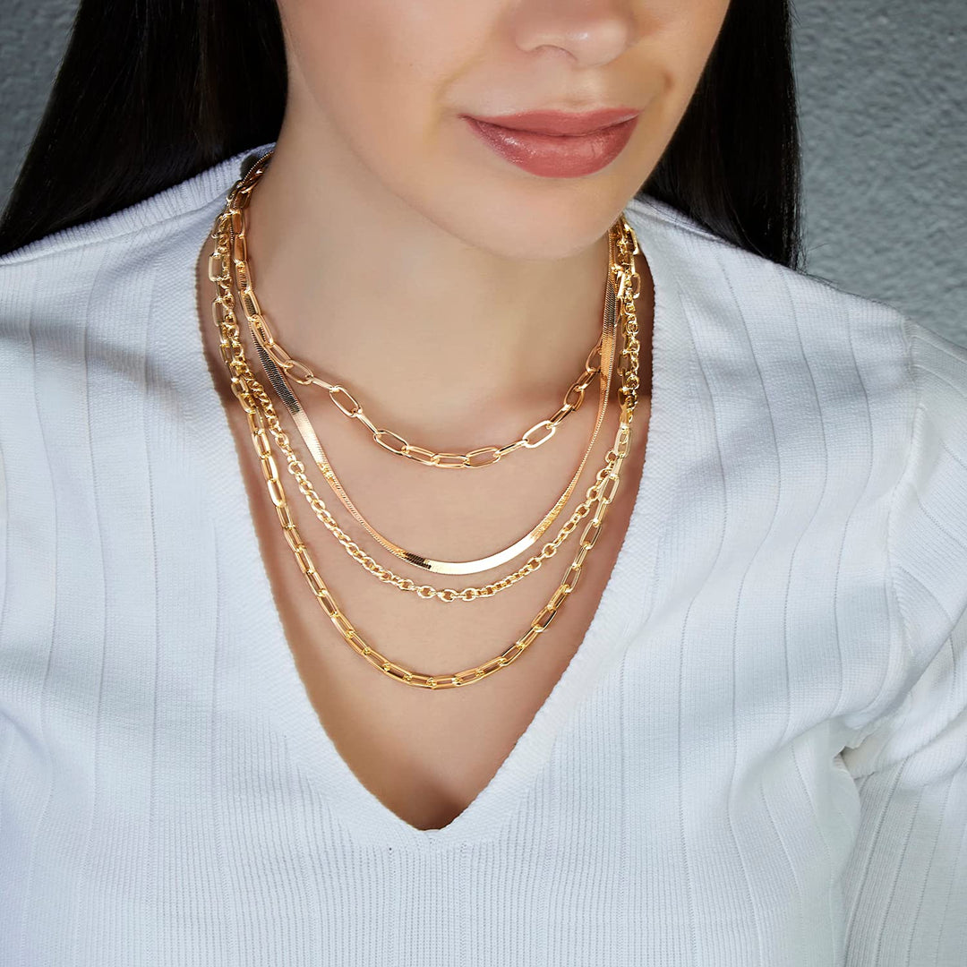 Pera Jewelry 14K Gold Plated Dainty Layering Necklaces for Women, Snake Chain, Curb Link, Paperclip Layered Chains Necklaces, Real Gold Plated Non-Tarnish Multi Layered Necklaces
