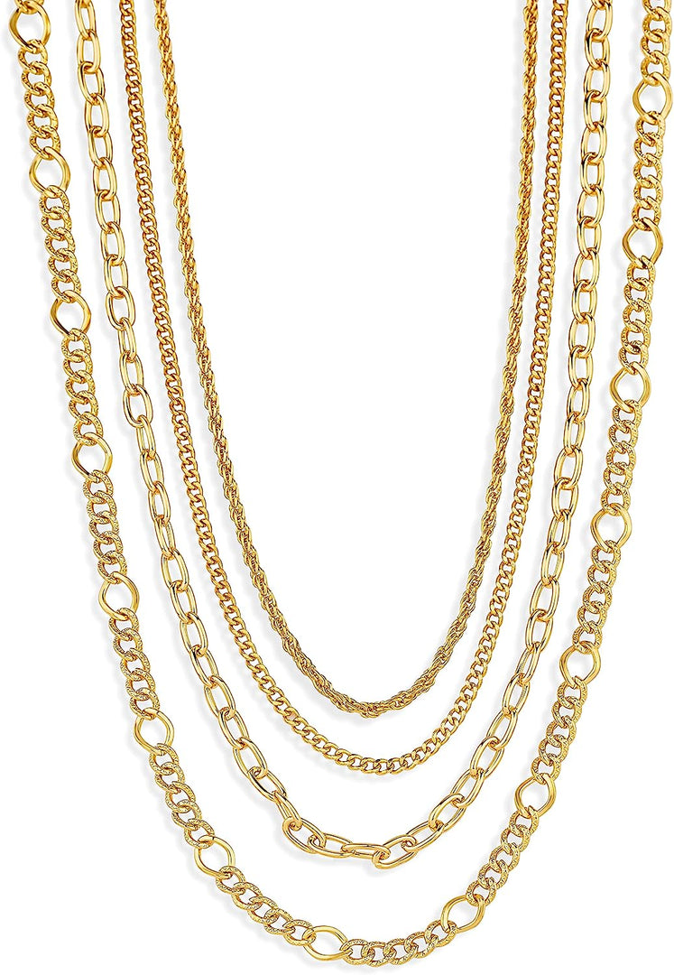 14K Gold Plated Dainty Layering Necklaces for Women Twisted Rope Chain, Curb Link, Paperclip Chain Figaro Chain Cuban Chain, Layered Chains Necklaces, Gold Plated Non-Tarnish Multi Layered Necklaces