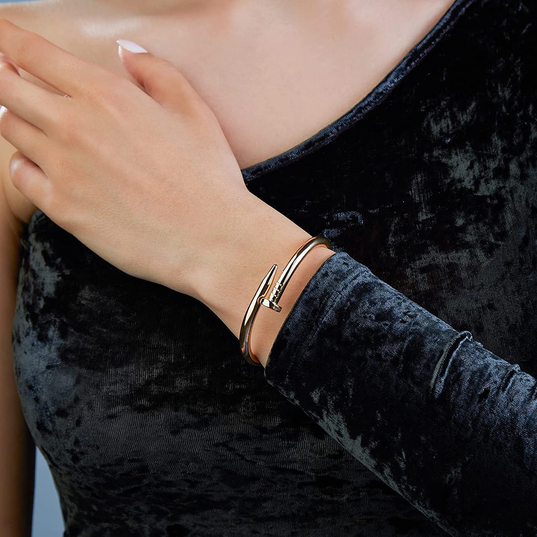 Pera Jewelry 14K Gold Plated Bangle Bracelet, Zirconia Simulate Diamond Bangle, Cuff Bracelets for Women with Gift Box, Buckled Nail Cuff Bold Bangle Bracelet