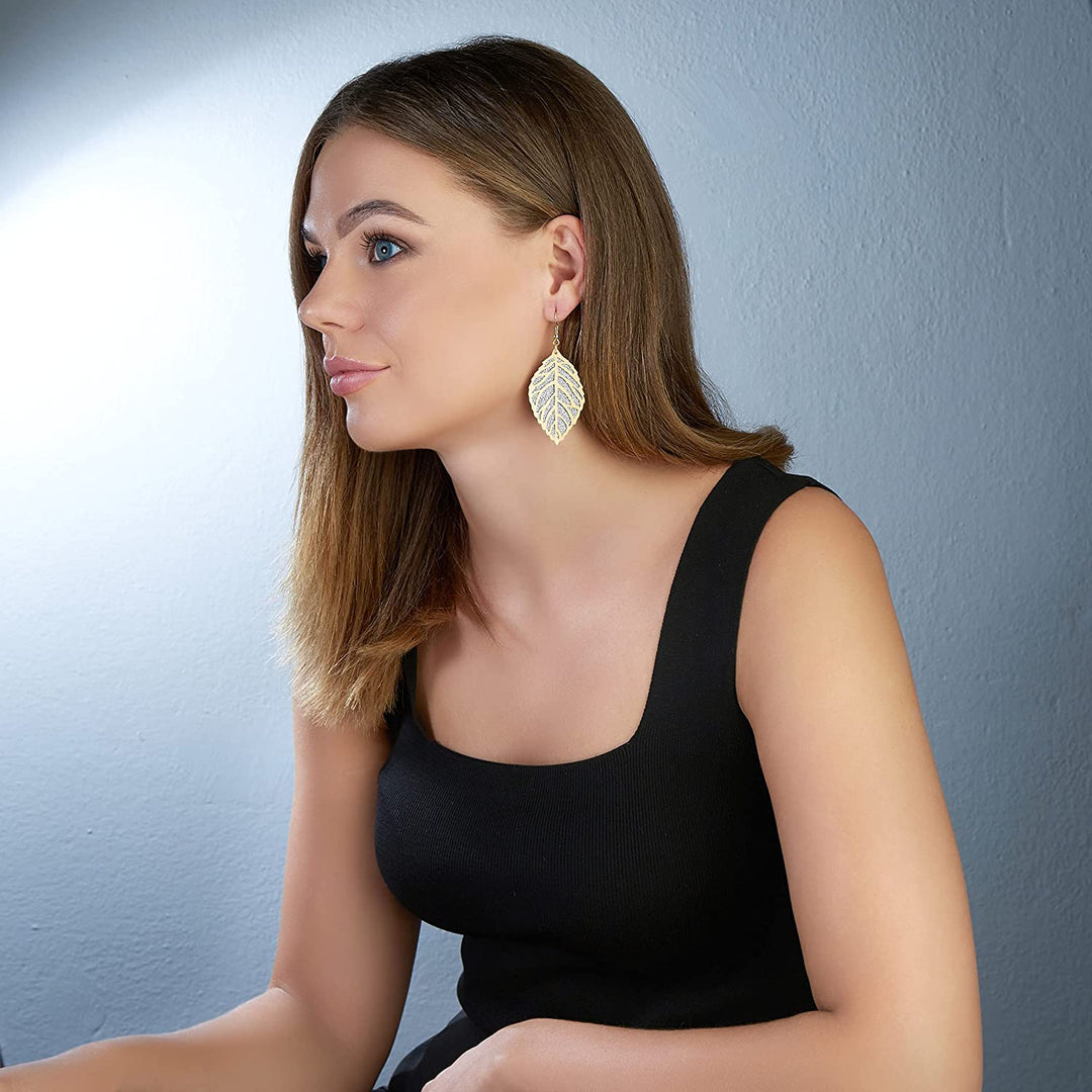 Pera Jewelry 14K Gold Plated Leaf Shape Earrings, Double Layer Tree Leaf Shape Dangle Earrings for Women with Gift Box | Minimalist, Tiny Dainty Lightweight Chandelier Dangle Drop Earrings