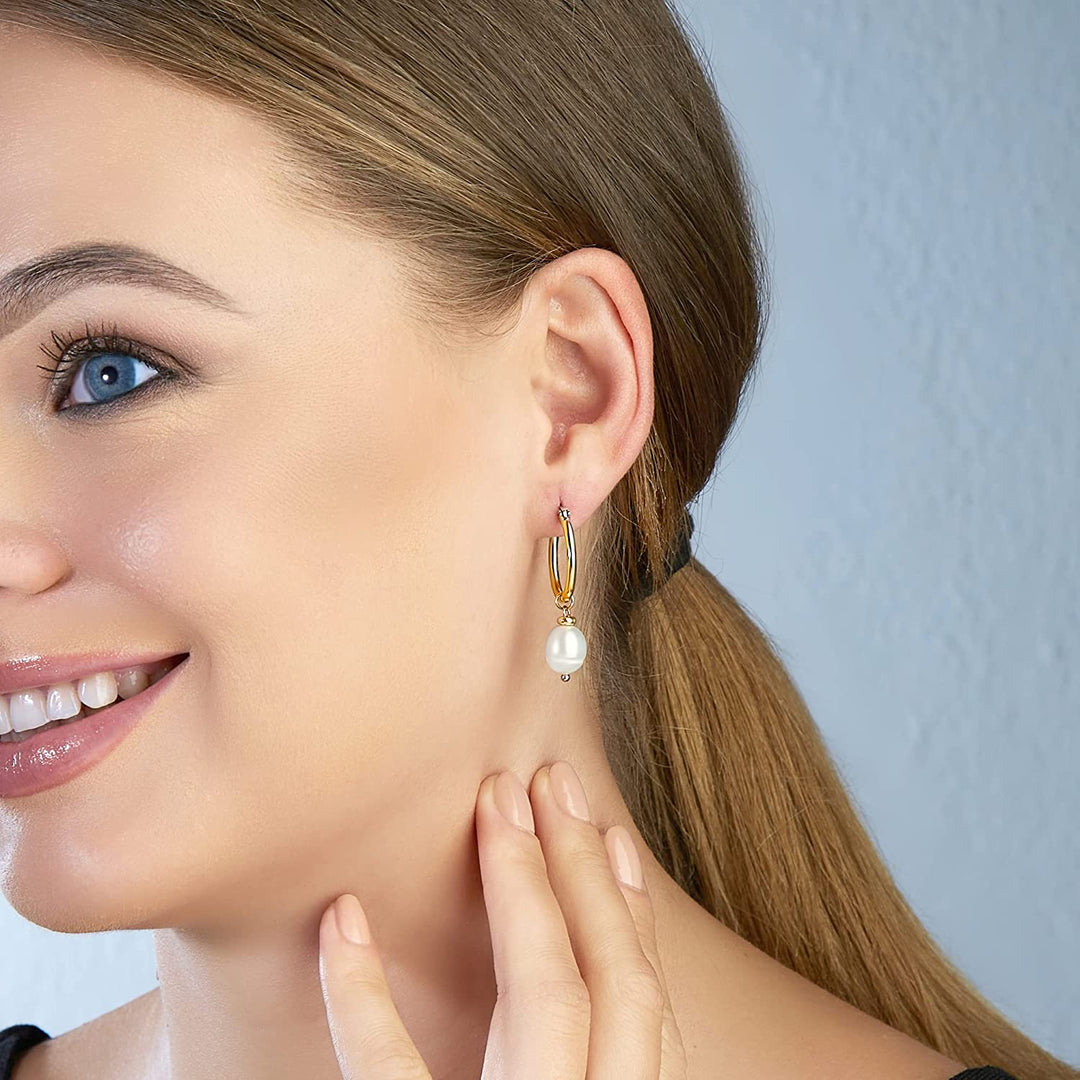 Pera Jewelry 14K Gold Plated Freshwater Cultured Pearl Earrings, Hoop Earrings with Pearl Dangle for Women with Gift Box | Minimalist, Tiny Dainty Pearl Earrings