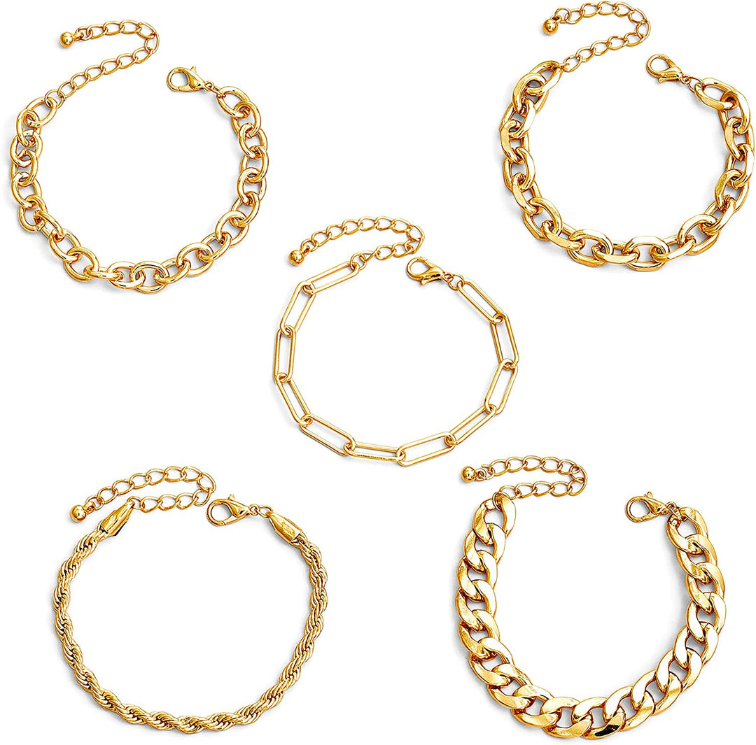 Pera Jewelry 14K Gold and Silver Plated Layered Bracelet Sets, 5 Pieces, Adjustable Layered Link Bracelets Sets, Dainty Link Paperclip Choker Bracelet Cuban Curb Figaro Link Bracelet Sets with Gift Box