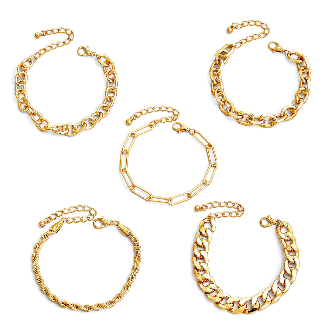 Pera Jewelry 14K Gold and Silver Plated Layered Bracelet Sets, 5 Pieces, Adjustable Layered Link Bracelets Sets, Dainty Link Paperclip Choker Bracelet Cuban Curb Figaro Link Bracelet Sets with Gift Box