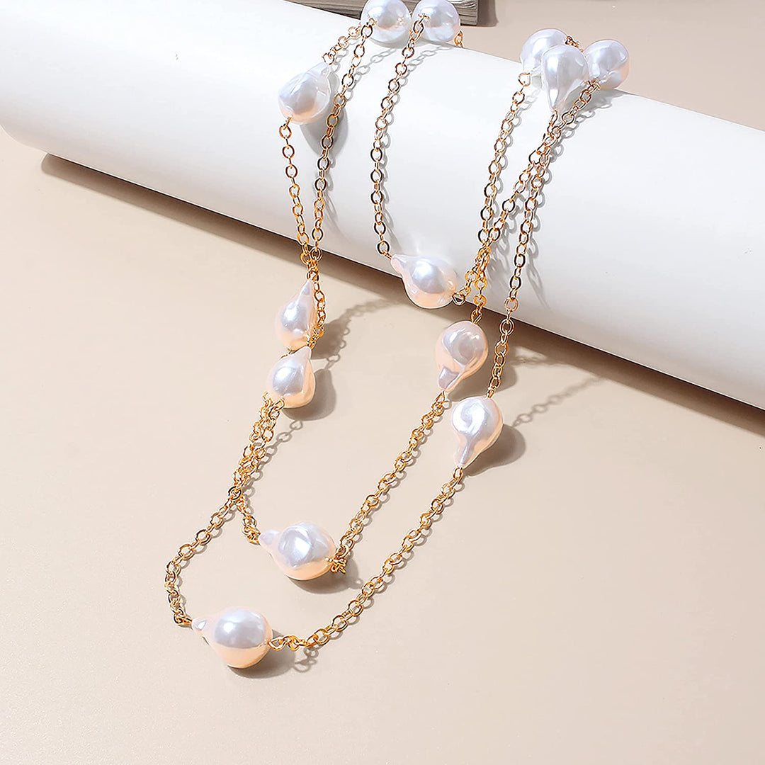 Cultured Pearl Station Necklace in 18Kt Yellow Gold Plated Layered White Freshwater Cultured Pearl Chain Necklace Pearl Endless Station Pearl Necklace Freshwater Pearls by the Yard Necklace
