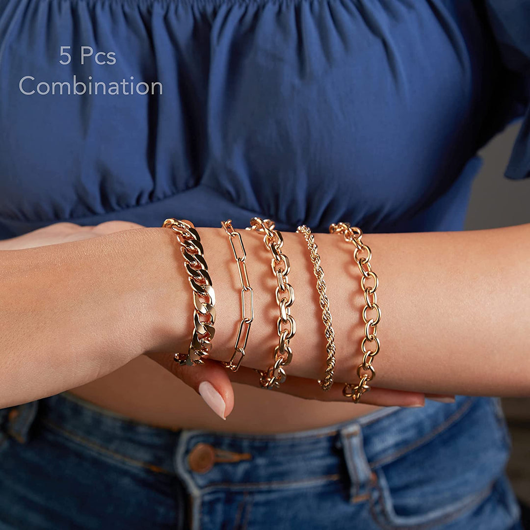 Pera Jewelry 14K Gold and Silver Plated Layered Bracelet Sets, 5 Pieces, Adjustable Layered Link Bracelets Sets, Dainty Link Paperclip Choker Bracelet Cuban Curb Figaro Link Bracelet Sets with Gift Box