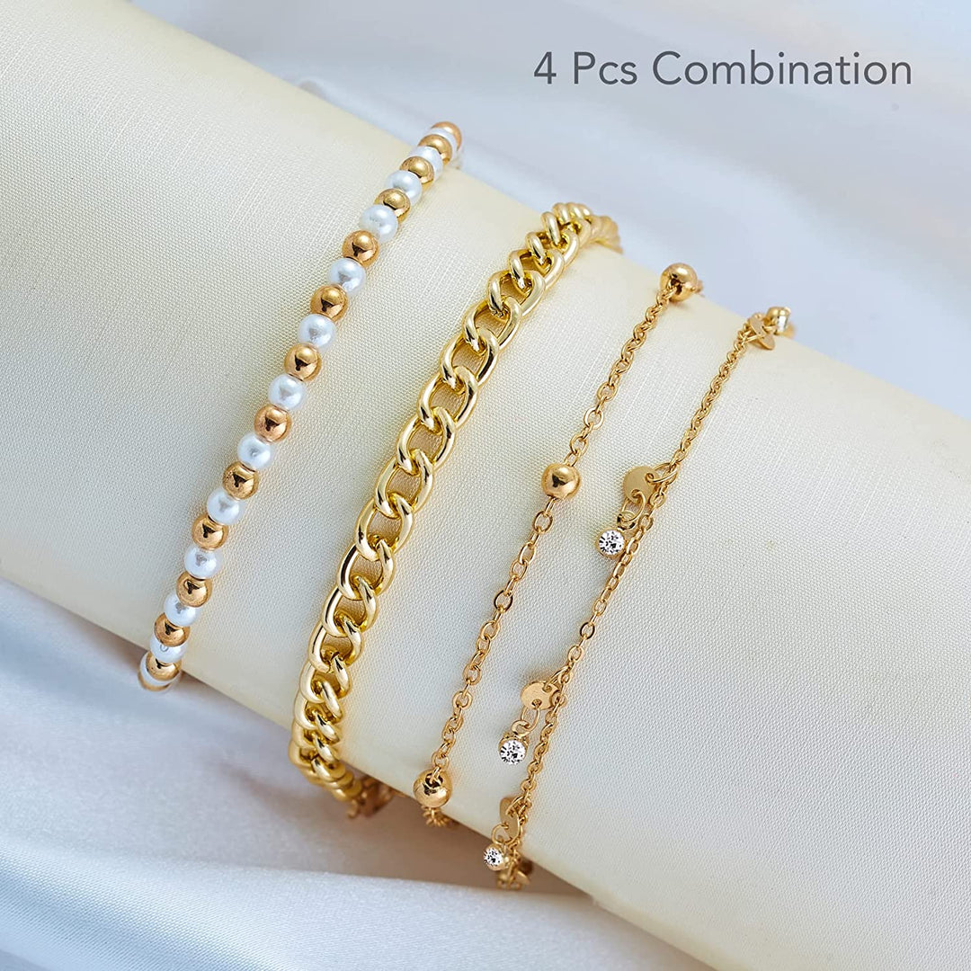 Pera Jewelry 14K Gold and Silver Plated Layered Bracelet Sets, 4 Pieces, Adjustable Layered Link Bracelets Sets, Dainty Link Paperclip Choker Bracelet Cuban Curb Figaro Link Bracelet Sets with Gift Box