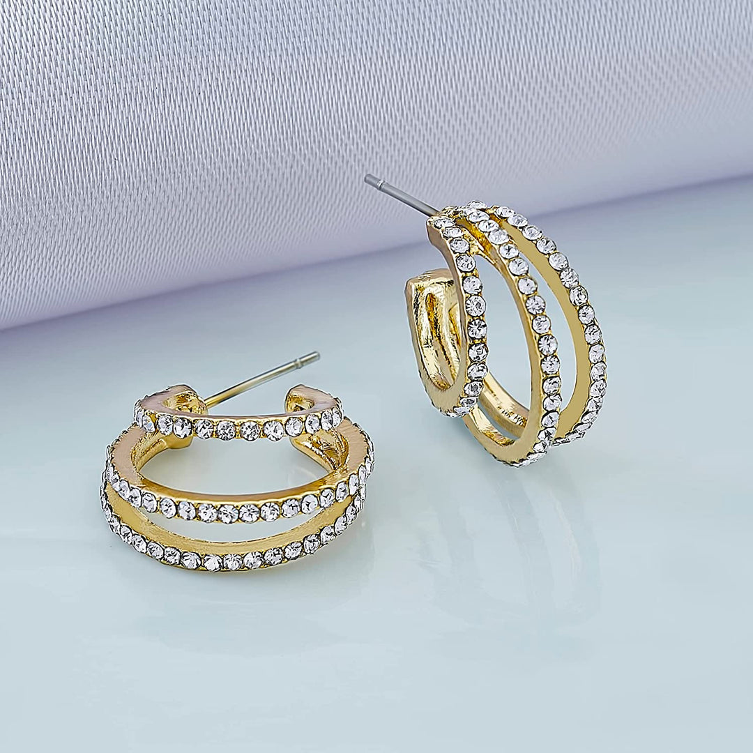 Pera Jewelry 14K Gold Plated Cubic Zirconia Earrings, Multilayer Hoop C Shaped Earrings, Simulated Diamond Half Hoop Earrings for Women with Gift Box | Minimalist, Tiny Dainty Earrings