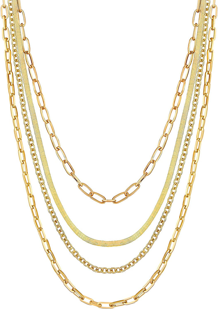 Pera Jewelry 14K Gold Plated Dainty Layering Necklaces for Women, Snake Chain, Curb Link, Paperclip Layered Chains Necklaces, Real Gold Plated Non-Tarnish Multi Layered Necklaces