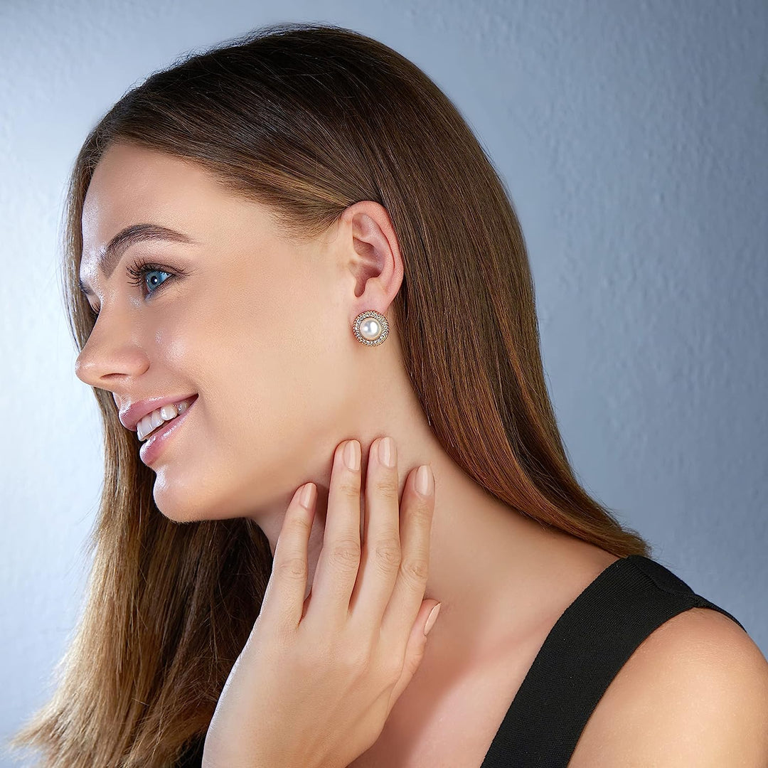 Pera Jewelry 14K Gold Plated Freshwater Cultured Pearl Earrings, Round Rhinestone Pearl Stud Earrings with Simulated Cubic Zirconia for Women with Gift Box | Minimalist, Tiny Dainty Pearl Earrings