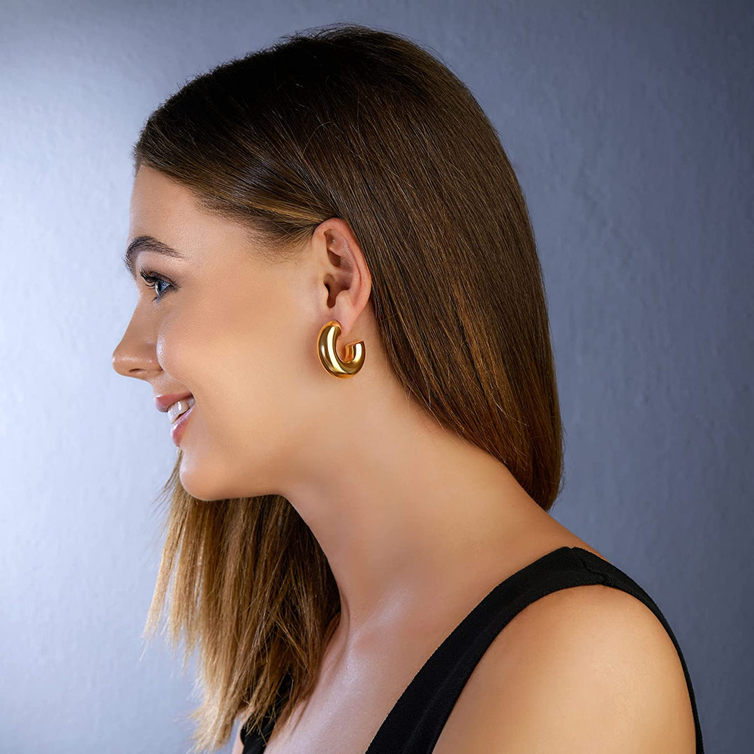 Pera Jewelry 14K Gold Plated Thick Hollow Hoop Earrings, Chunky Bold Hoop Hypoallergenic C Shaped Earrings for Women with Gift Box | Minimalist, Tiny Dainty Earrings