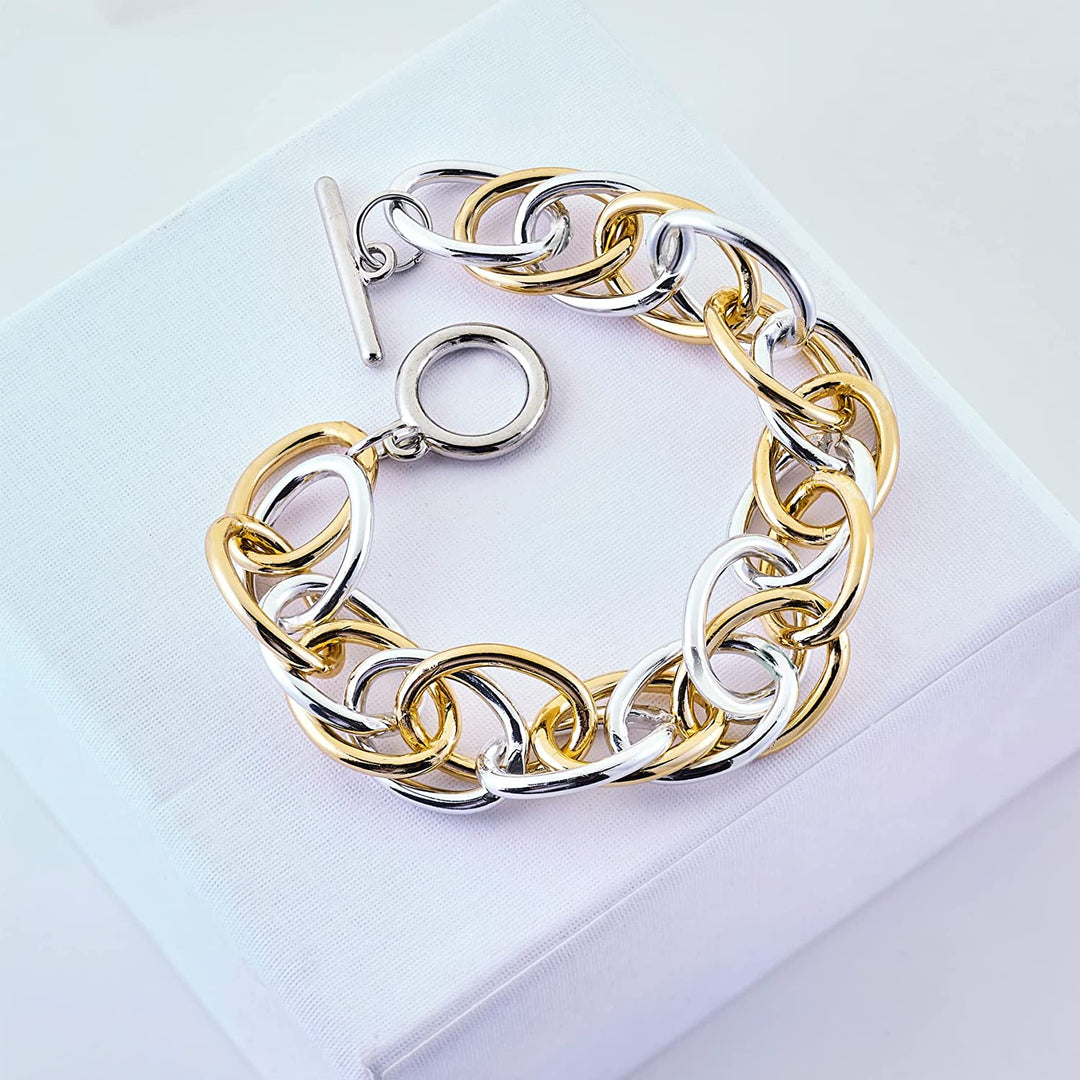 Pera Jewelry 14K Gold Plated and Silver Plated Link Bracelets, Curb Chain Bold Bracelets, Cuban Paperclip Link Chain Bracelets Chunky Link Bracelets Toggle Clasp, Bold Chain Link Bracelet with Gift Box