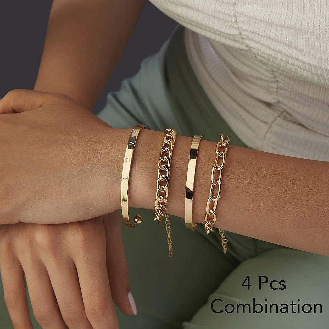 Pera Jewelry 14K Gold and Silver Plated Layered Bracelet Sets, 4 Pieces, Adjustable Layered Link Bracelets Sets, Dainty Link Paperclip Choker Bracelet Cuban Curb Figaro Link Bracelet Sets with Gift Box