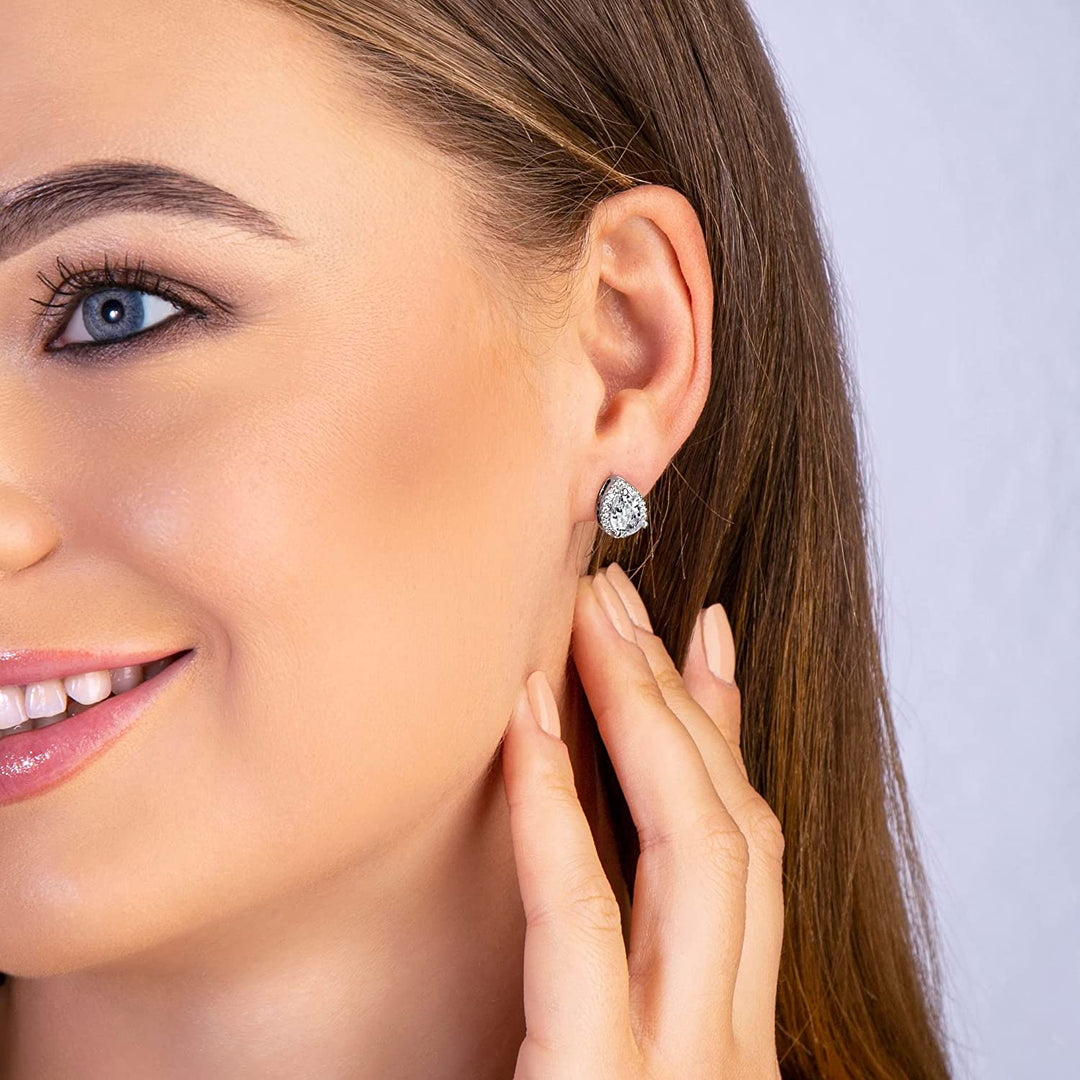 Pera Jewelry Sterling Silver Plated Cubic Zirconia Pear Cutting Stud Earrings, Pear-Shaped Simulated Diamond Cz Earrings for Women with Gift Box | Minimalist, Tiny Dainty Earrings