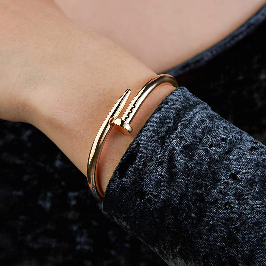 Pera Jewelry 14K Gold Plated Bangle Bracelet, Zirconia Simulate Diamond Bangle, Cuff Bracelets for Women with Gift Box, Buckled Nail Cuff Bold Bangle Bracelet