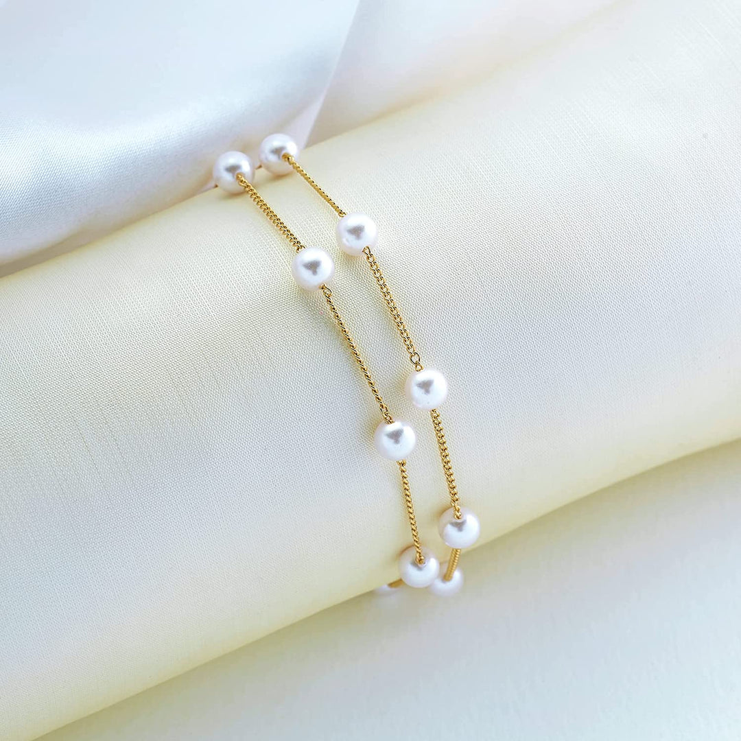 Pera Jewelry 14K Gold Plated Simulated White Pearls Bracelet, Link Adjustable Chain Bracelet for Women with Gift Box, Multilayer Simulated Pearl Bracelet with Chain
