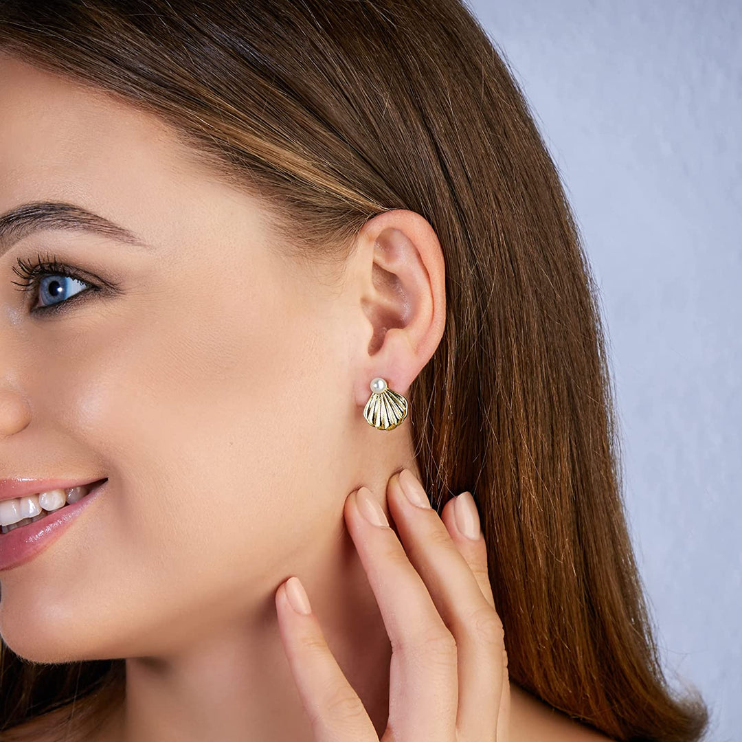 Pera Jewelry 14K Gold Plated Freshwater Cultured Pearl Earrings, Seashell Pearl Earring for Women with Gift Box | Minimalist, Tiny Dainty Pearl Earrings