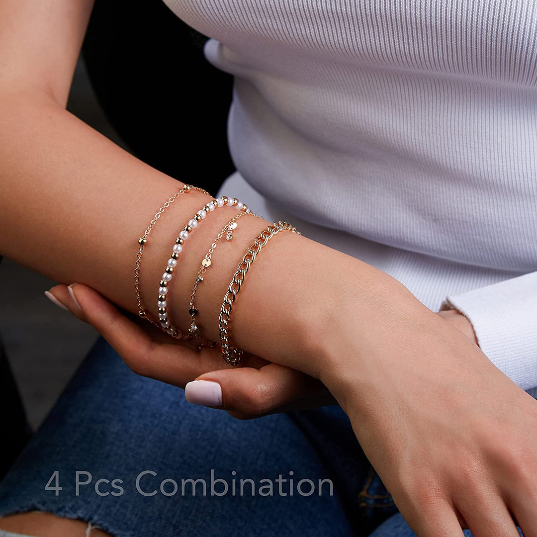 Pera Jewelry 14K Gold and Silver Plated Layered Bracelet Sets, 4 Pieces, Adjustable Layered Link Bracelets Sets, Dainty Link Paperclip Choker Bracelet Cuban Curb Figaro Link Bracelet Sets with Gift Box