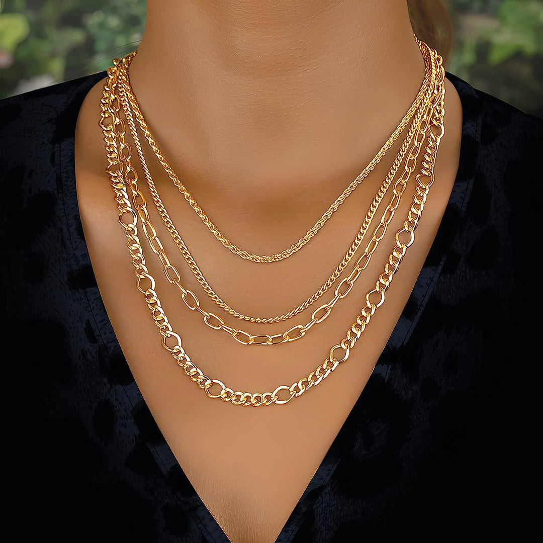 14K Gold Plated Dainty Layering Necklaces for Women Twisted Rope Chain, Curb Link, Paperclip Chain Figaro Chain Cuban Chain, Layered Chains Necklaces, Gold Plated Non-Tarnish Multi Layered Necklaces