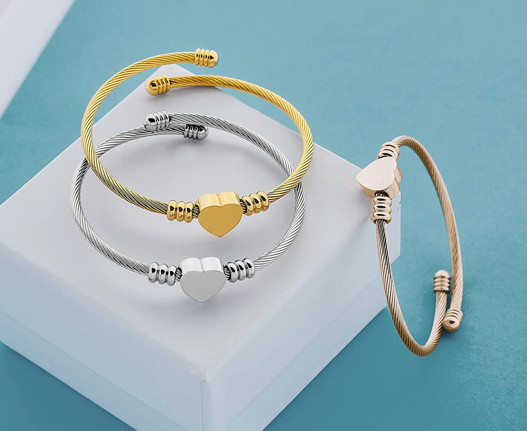 Pera Jewelry Heart Bangle Bracelets, 14K Gold Plated, Rose Gold and Silver Plated Bangle Filled Heart Bracelets for Women with Gift Box, Minimalist Fashion Jewelry, Tiny Dainty Bracelets