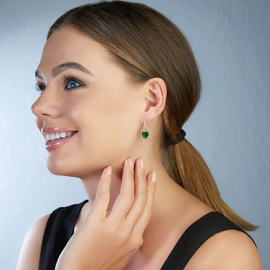Pera Jewelry 14K Gold Plated Heart Shaped Earrings, Simulated Emerald and White Diamond Drop Earrings, Cubic Zirconia Dangle Earrings for Women with Gift Box | Minimalist, Tiny Dainty Earrings
