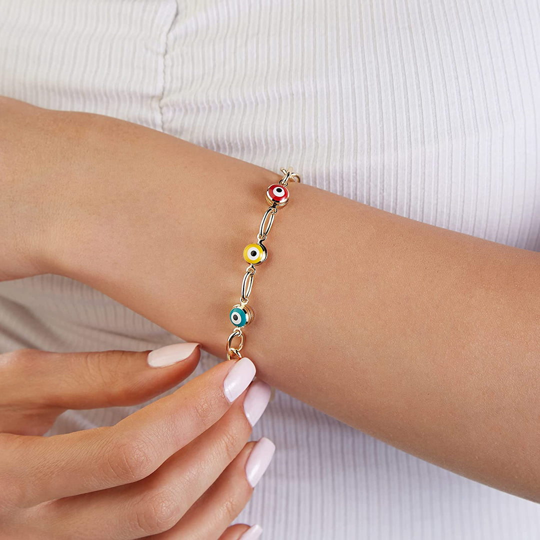 Pera Jewelry 14K Yellow Gold Plated Evil Eye Bracelets, Charm Enamel Evil Eye Protection Link Chain Bracelet, String Evil Eye Bracelets with Gift Box