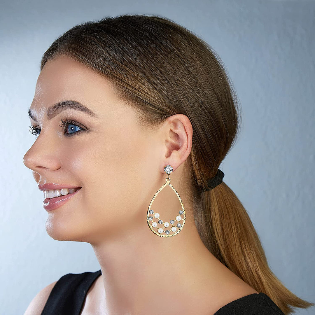 Pera Jewelry 14K Gold Plated Cubic Zirconia and Pearl Drop Earrings, Geometric Simulated Diamond and Pearl Dangle Earrings for Women with Gift Box | Minimalist, Tiny Dainty Dangle Earrings