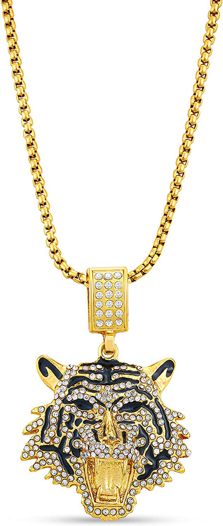 Tiger Head Pendant Chain Necklace 18K Gold Plated Tiger Pendant Hip Hop Rap Punk Rock Club CZ Diamond Necklaces Bengal Tiger Pendant