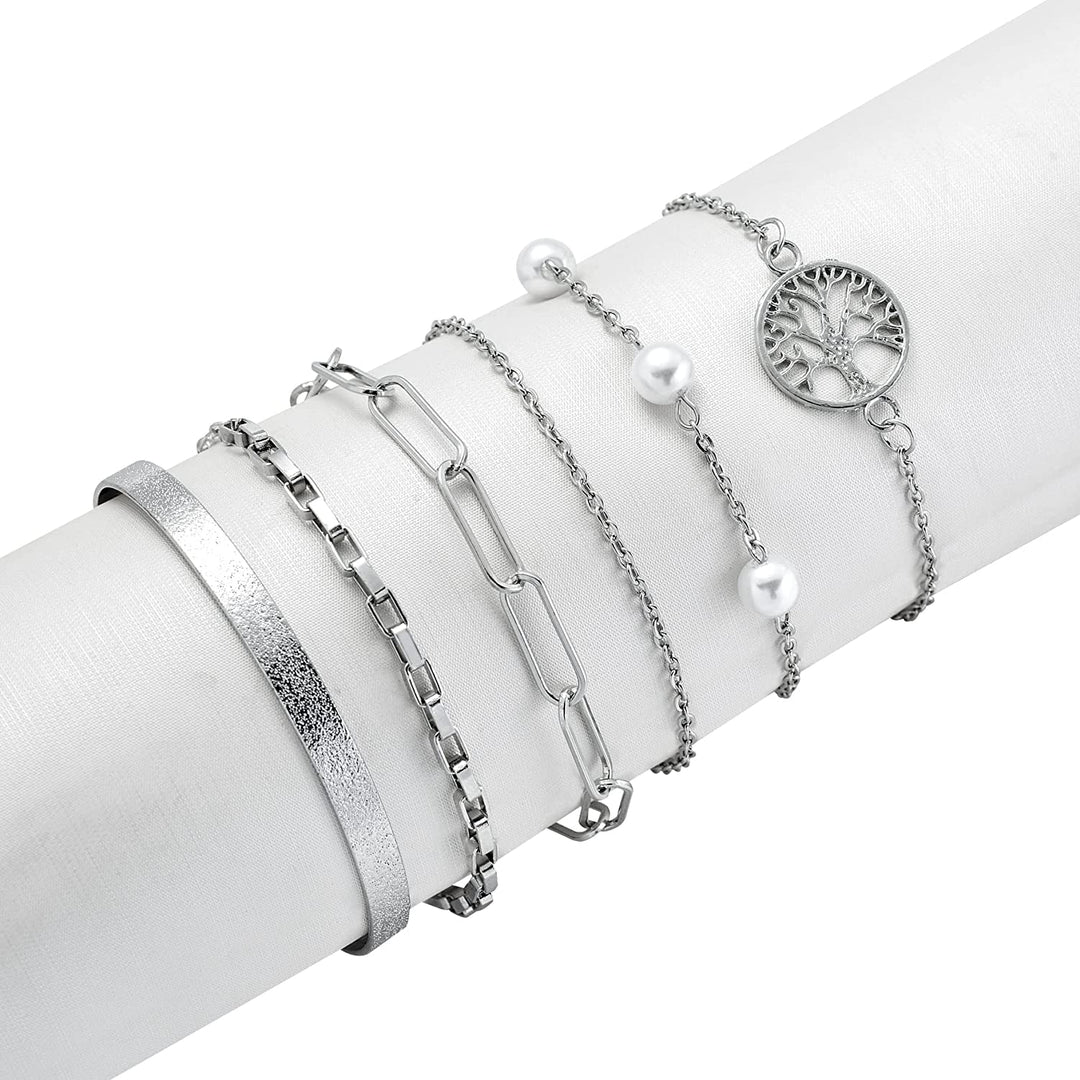 Pera Jewelry 14K Gold and Silver Plated Layered Bracelet Sets, 6 Pieces, Adjustable Layered Link Bracelets Sets, Dainty Link Paperclip Choker Bracelet Cuban Curb Figaro Link Bracelet Sets with Gift Box