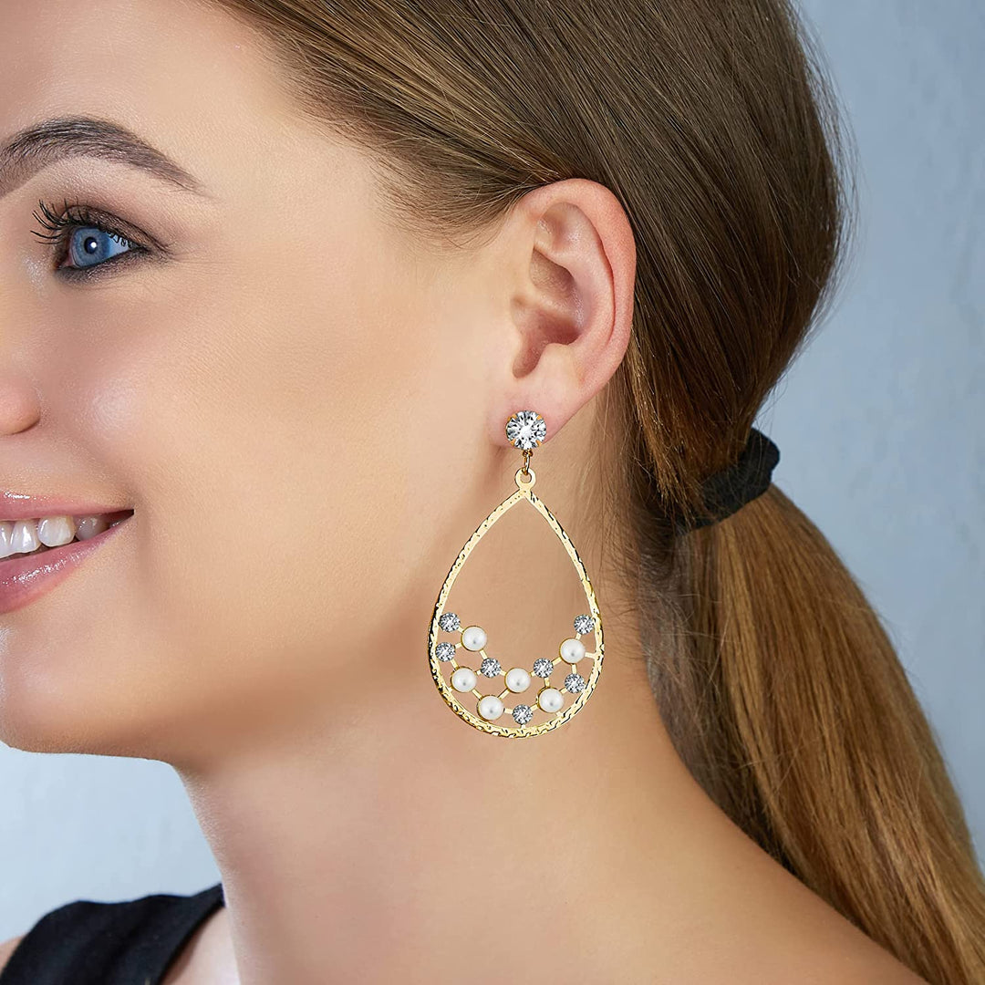 Pera Jewelry 14K Gold Plated Cubic Zirconia and Pearl Drop Earrings, Geometric Simulated Diamond and Pearl Dangle Earrings for Women with Gift Box | Minimalist, Tiny Dainty Dangle Earrings