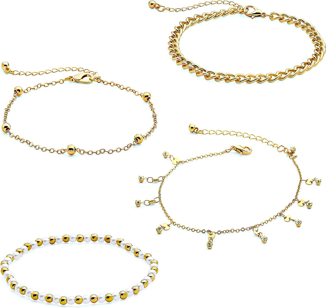 Pera Jewelry 14K Gold and Silver Plated Layered Bracelet Sets, 4 Pieces, Adjustable Layered Link Bracelets Sets, Dainty Link Paperclip Choker Bracelet Cuban Curb Figaro Link Bracelet Sets with Gift Box