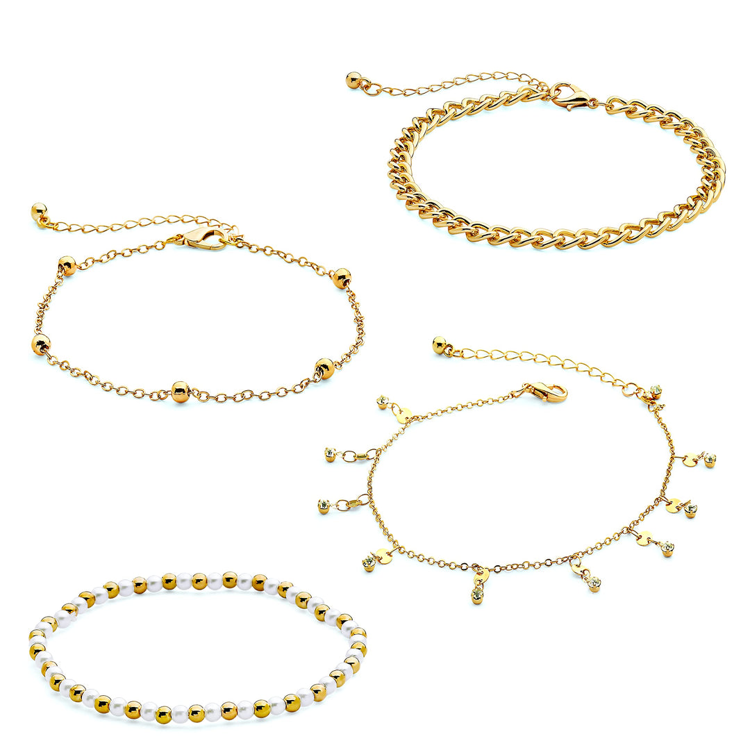 Pera Jewelry 14K Gold and Silver Plated Layered Bracelet Sets, 4 Pieces, Adjustable Layered Link Bracelets Sets, Dainty Link Paperclip Choker Bracelet Cuban Curb Figaro Link Bracelet Sets with Gift Box