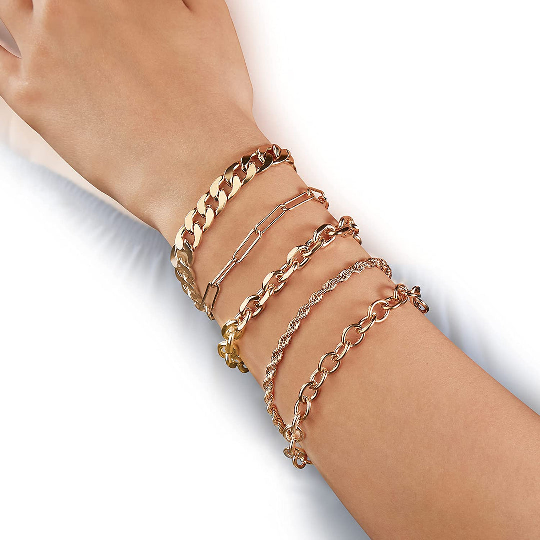 Pera Jewelry 14K Gold and Silver Plated Layered Bracelet Sets, 5 Pieces, Adjustable Layered Link Bracelets Sets, Dainty Link Paperclip Choker Bracelet Cuban Curb Figaro Link Bracelet Sets with Gift Box