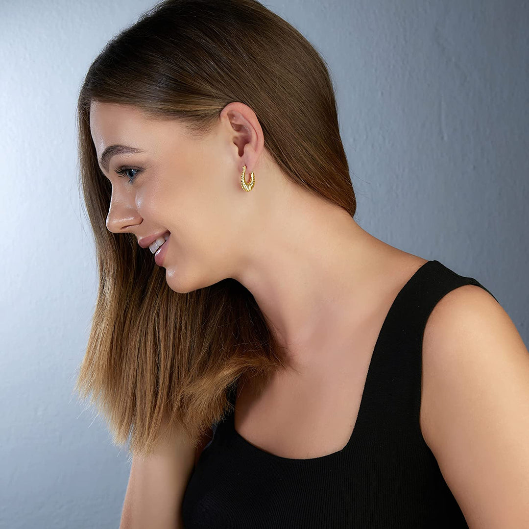 Pera Jewelry 14K Gold Plated Thick Hollow Hoop Earrings, Hypoallergenic Chunky Texture Geometric Hoop Earrings for Women with Gift Box | Minimalist, Tiny Dainty Earrings