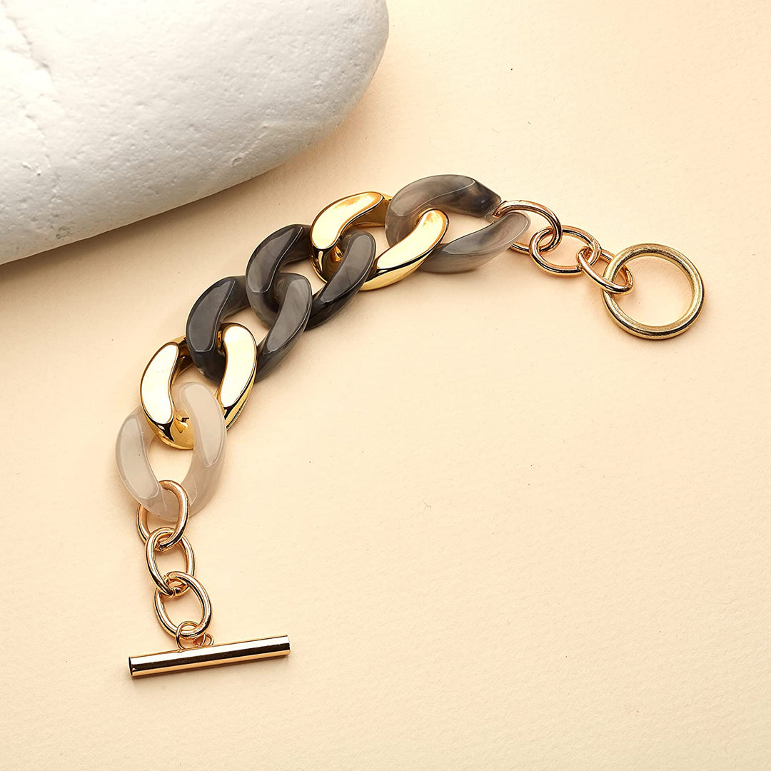 Pera Jewelry 14K Yellow Gold Plated Acrylic Paperclip Chain Bracelet, Thick Cuban Link Bracelets, Boho Oval Chain Link Bracelet Toggle Link Bracelets, Bold Link Chain Bracelets with Gift Box Gold - Black