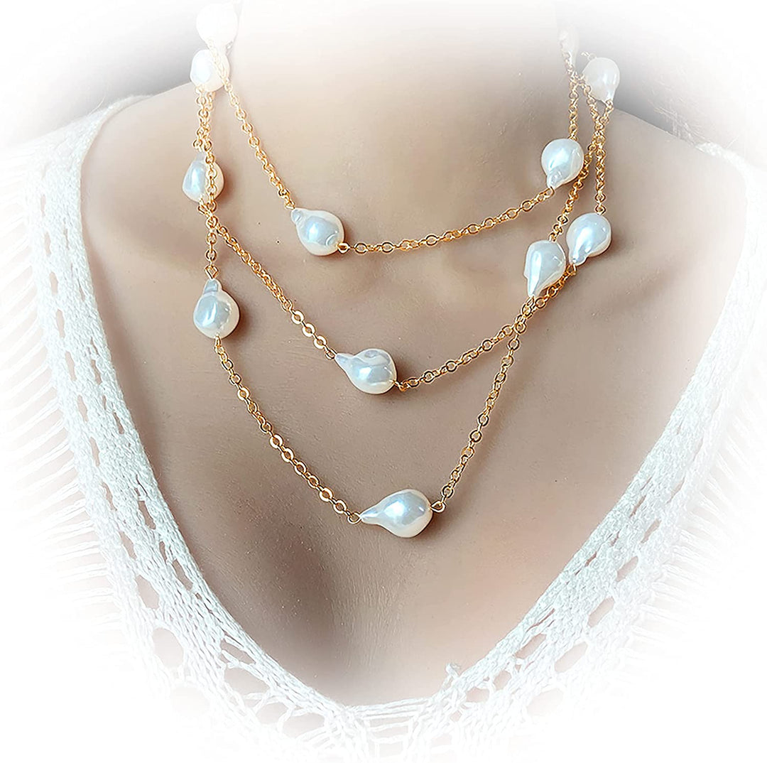 Cultured Pearl Station Necklace in 18Kt Yellow Gold Plated Layered White Freshwater Cultured Pearl Chain Necklace Pearl Endless Station Pearl Necklace Freshwater Pearls by the Yard Necklace