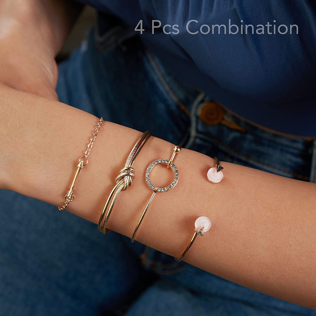 Pera Jewelry 14K Gold and Silver Plated Layered Bracelet Sets, 4 Pieces, Adjustable Layered Link Bracelets Sets, Dainty Link Paperclip Choker Bracelet Cuban Curb Figaro Link Bracelet Sets with Gift Box