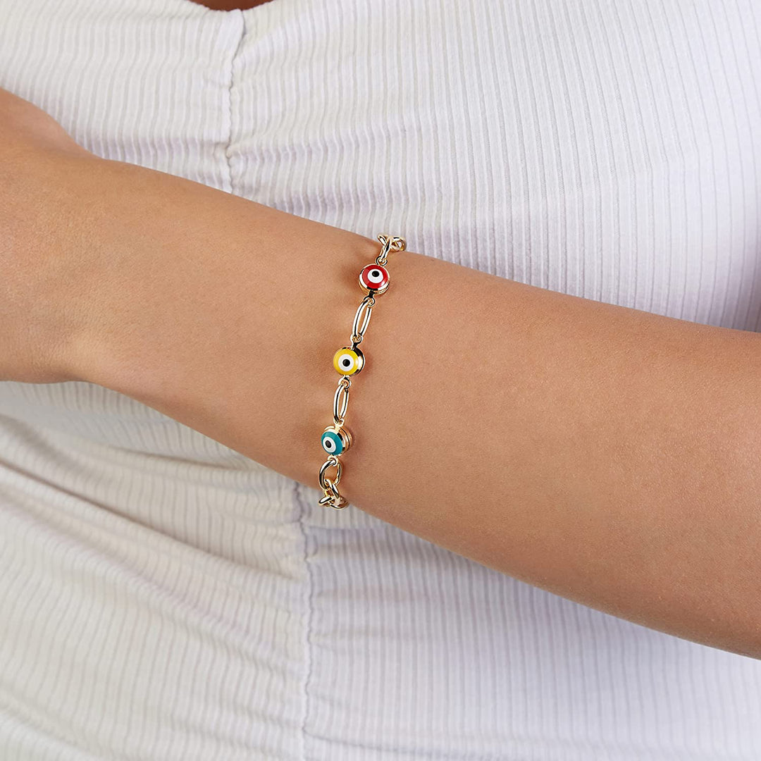 Pera Jewelry 14K Yellow Gold Plated Evil Eye Bracelets, Charm Enamel Evil Eye Protection Link Chain Bracelet, String Evil Eye Bracelets with Gift Box