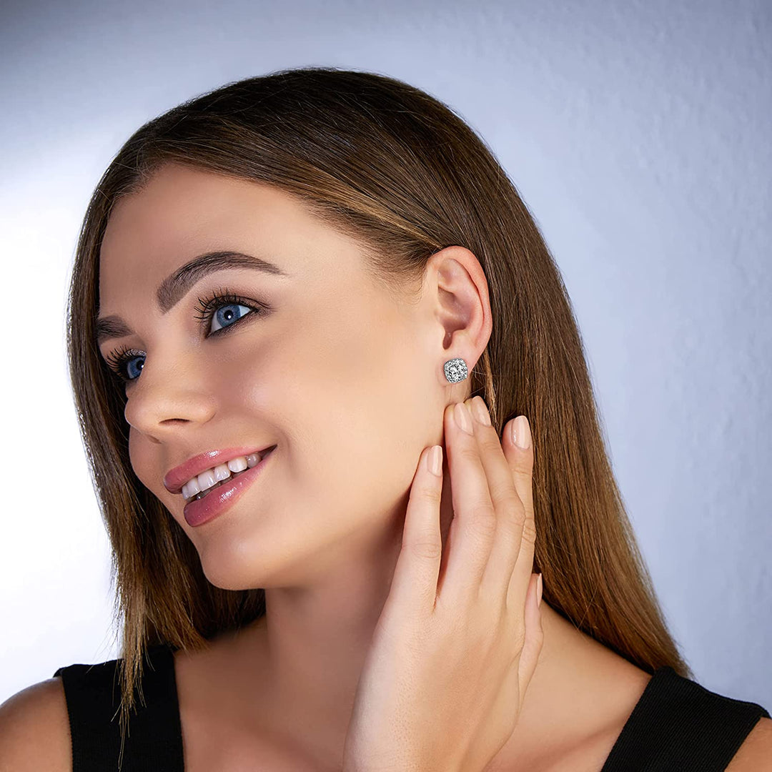Pera Jewelry Sterling Silver Plated Cubic Zirconia Cushion Cutting Stud Earrings, Simulated Diamond Cz Stud Earrings for Women with Gift Box | Minimalist, Tiny Dainty Earrings