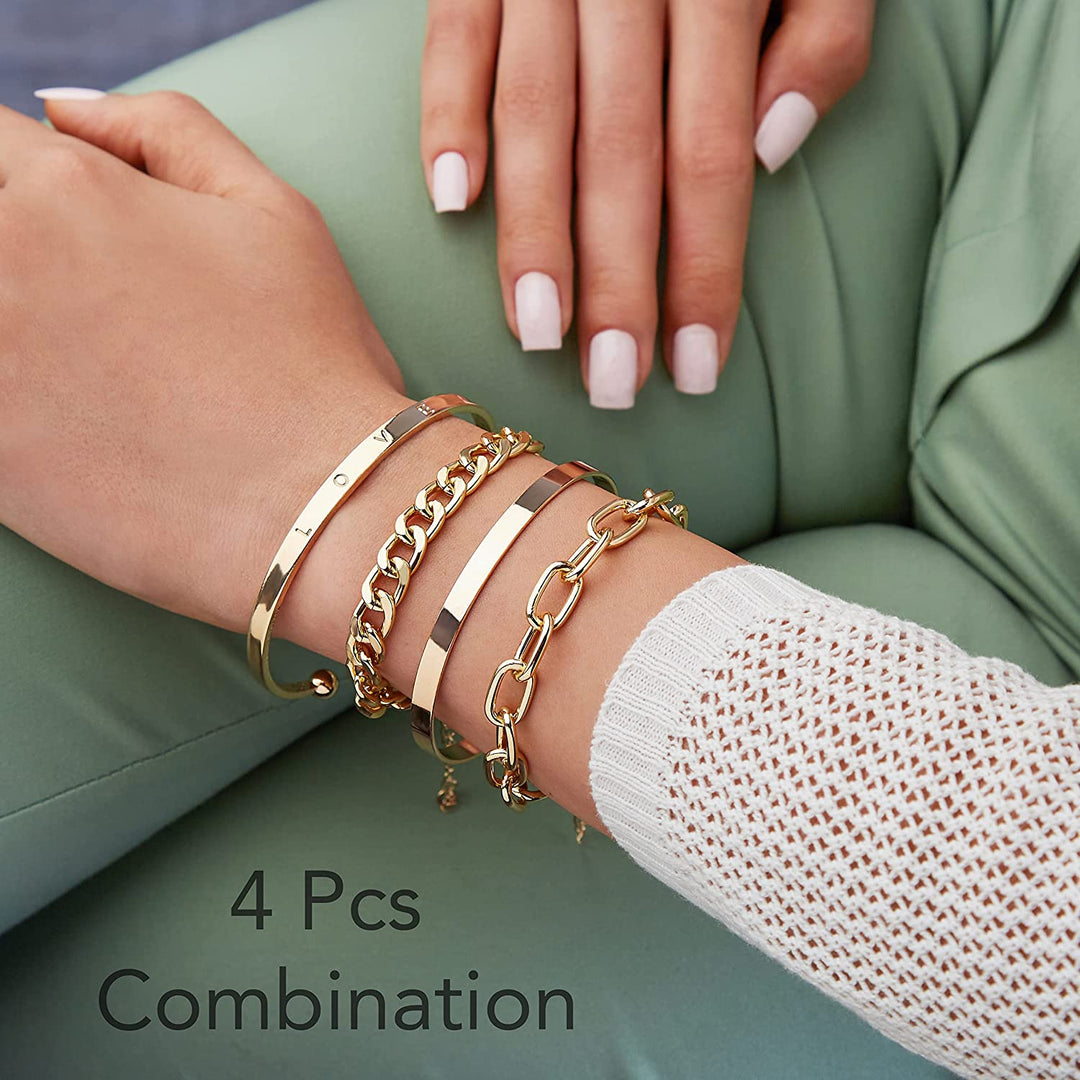 Pera Jewelry 14K Gold and Silver Plated Layered Bracelet Sets, 4 Pieces, Adjustable Layered Link Bracelets Sets, Dainty Link Paperclip Choker Bracelet Cuban Curb Figaro Link Bracelet Sets with Gift Box